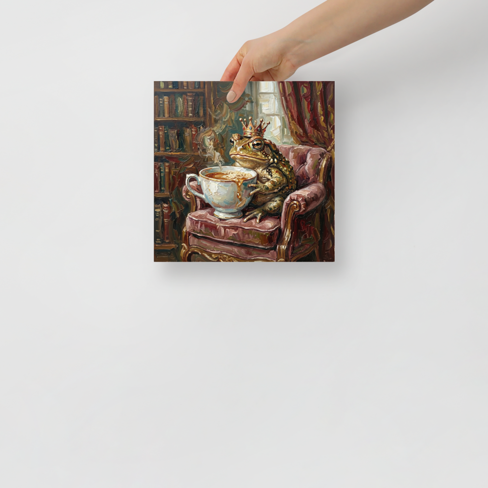 'Royal Brew' — a Lowbrow,Pop art print. Impasto painting of a crowned toad sitting in an armchair drinking coffee, perfect for a quirky library.