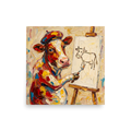 'The Bovine Artist' — a Post-Impressionism print. A colorful cow wearing a beret paints a stick-figure cow on an easel in this humorous living room art.