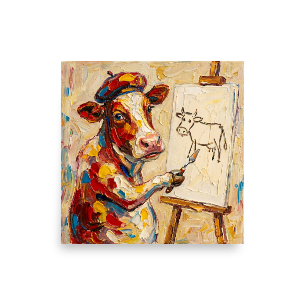 'The Bovine Artist' — a Post-Impressionism print. A colorful cow wearing a beret paints a stick-figure cow on an easel in this humorous living room art.