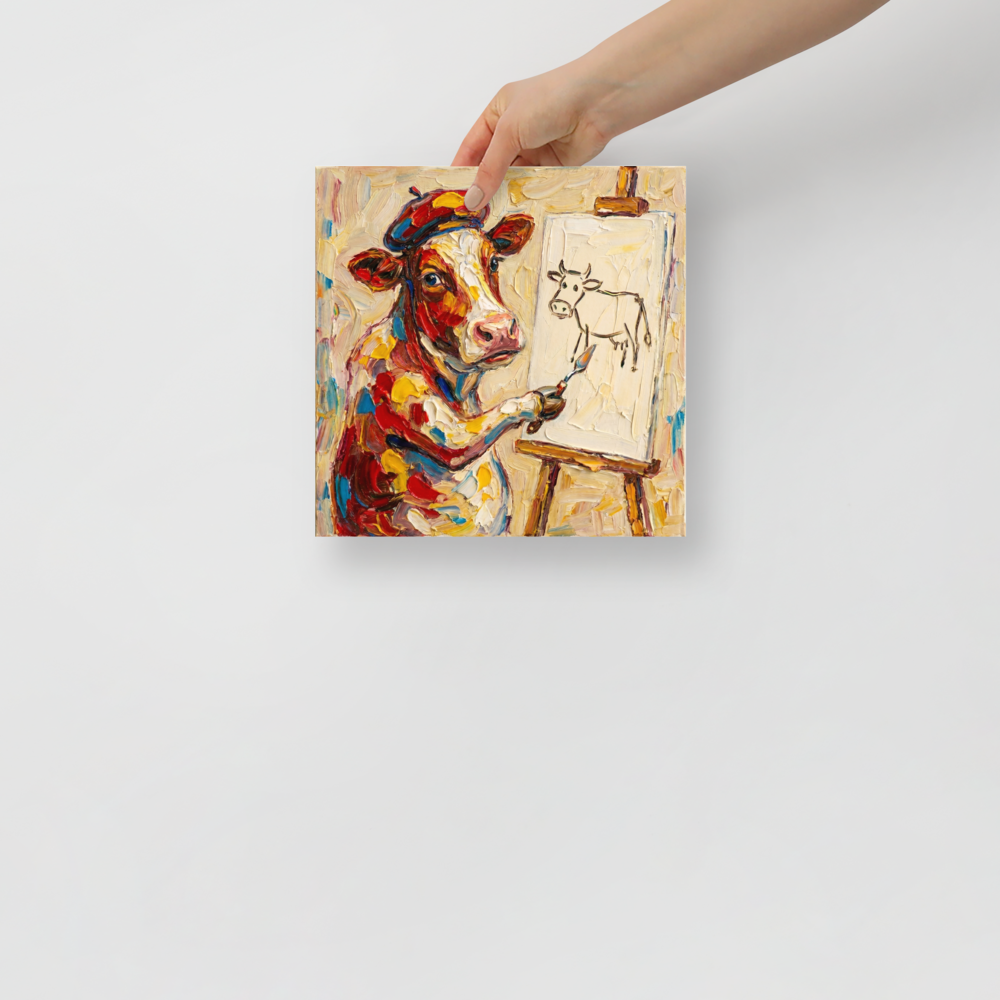'The Bovine Artist' — a Post-Impressionism print. A colorful cow wearing a beret paints a stick-figure cow on an easel in this humorous living room art.