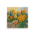 'Feline Slumber Among Sunflowers' — a Post-Impressionism print. A serene ginger cat sleeping on a brick wall amidst sunflowers and blue flowers, ideal for a cozy bedroom.