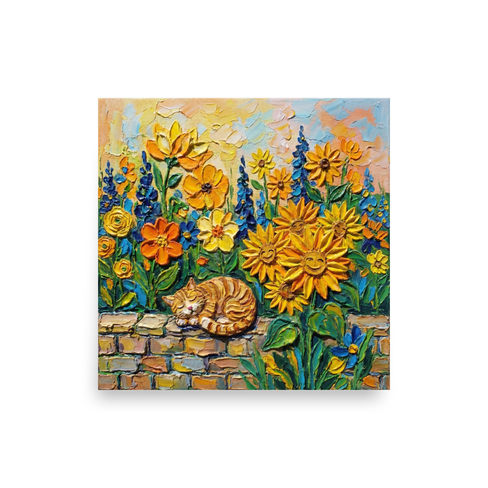 'Feline Slumber Among Sunflowers' — a Post-Impressionism print. A serene ginger cat sleeping on a brick wall amidst sunflowers and blue flowers, ideal for a cozy bedroom.