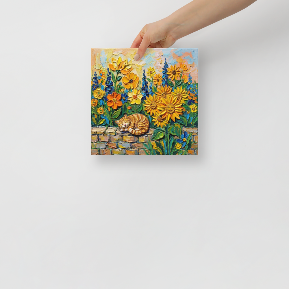 'Feline Slumber Among Sunflowers' — a Post-Impressionism print. A serene ginger cat sleeping on a brick wall amidst sunflowers and blue flowers, ideal for a cozy bedroom.