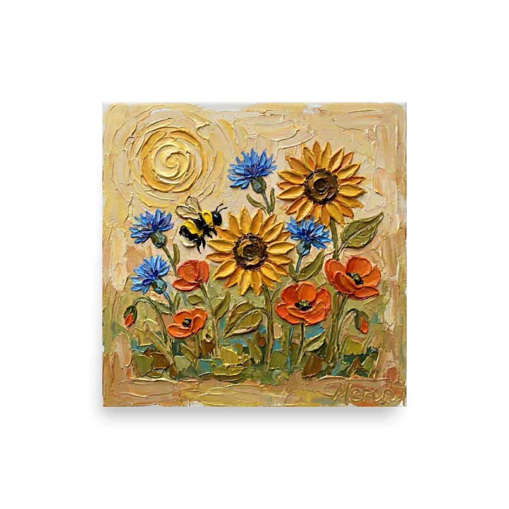 'The Pollinator's Dance' — a Expressionism print. A vibrant bumblebee hovering among sunflowers, blue cornflowers, and orange poppies in this charming kitchen artwork.