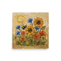 'The Pollinator's Dance' — a Expressionism print. A vibrant bumblebee hovering among sunflowers, blue cornflowers, and orange poppies in this charming kitchen artwork.