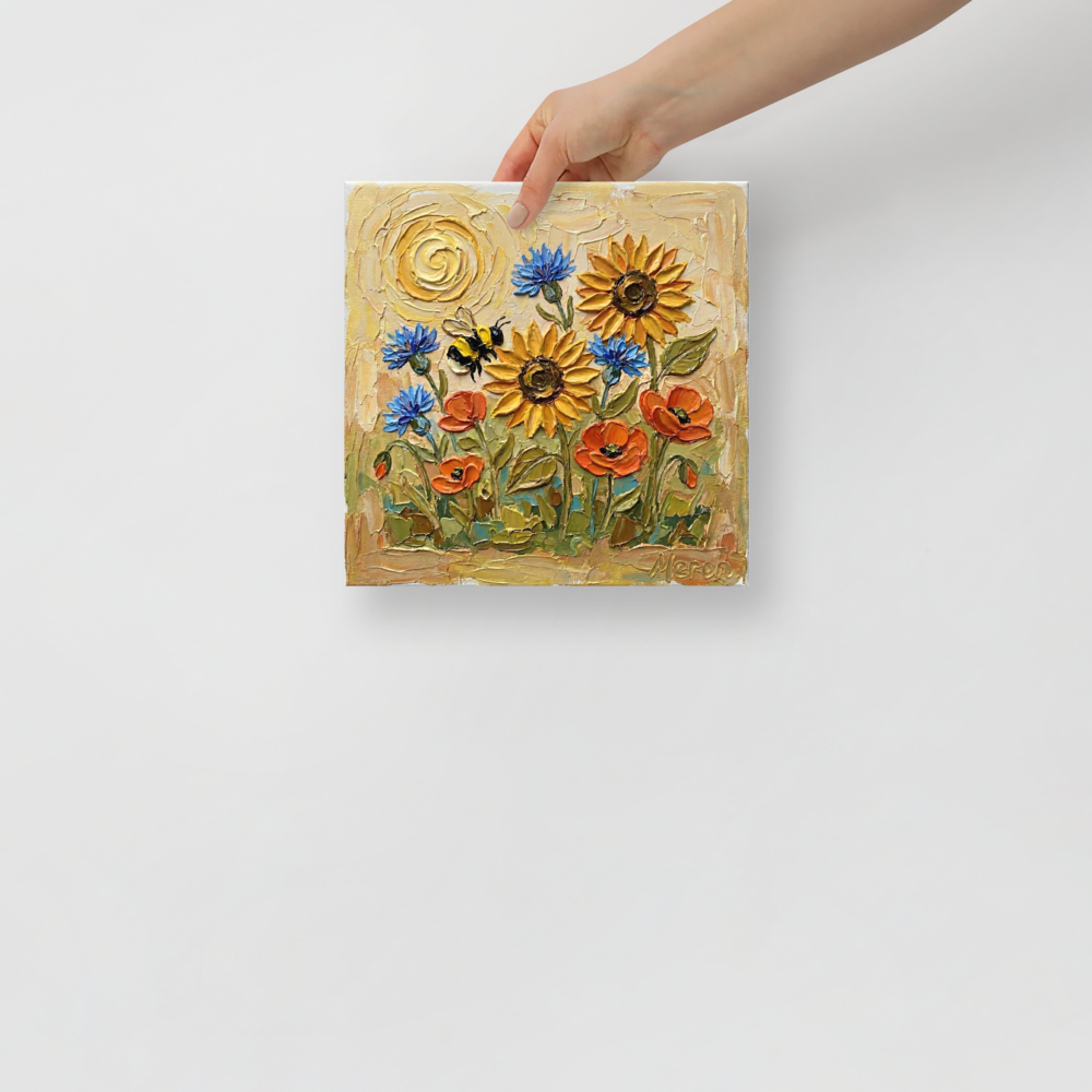 'The Pollinator's Dance' — a Expressionism print. A vibrant bumblebee hovering among sunflowers, blue cornflowers, and orange poppies in this charming kitchen artwork.