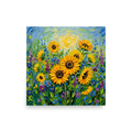 'Sunlit Blooms' — a Impressionism print. Vibrant impasto painting of sunflowers bathed in golden sunlight, perfect for a living room.