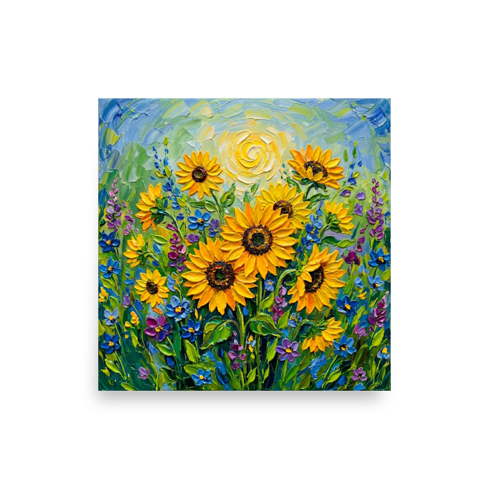 'Sunlit Blooms' — a Impressionism print. Vibrant impasto painting of sunflowers bathed in golden sunlight, perfect for a living room.