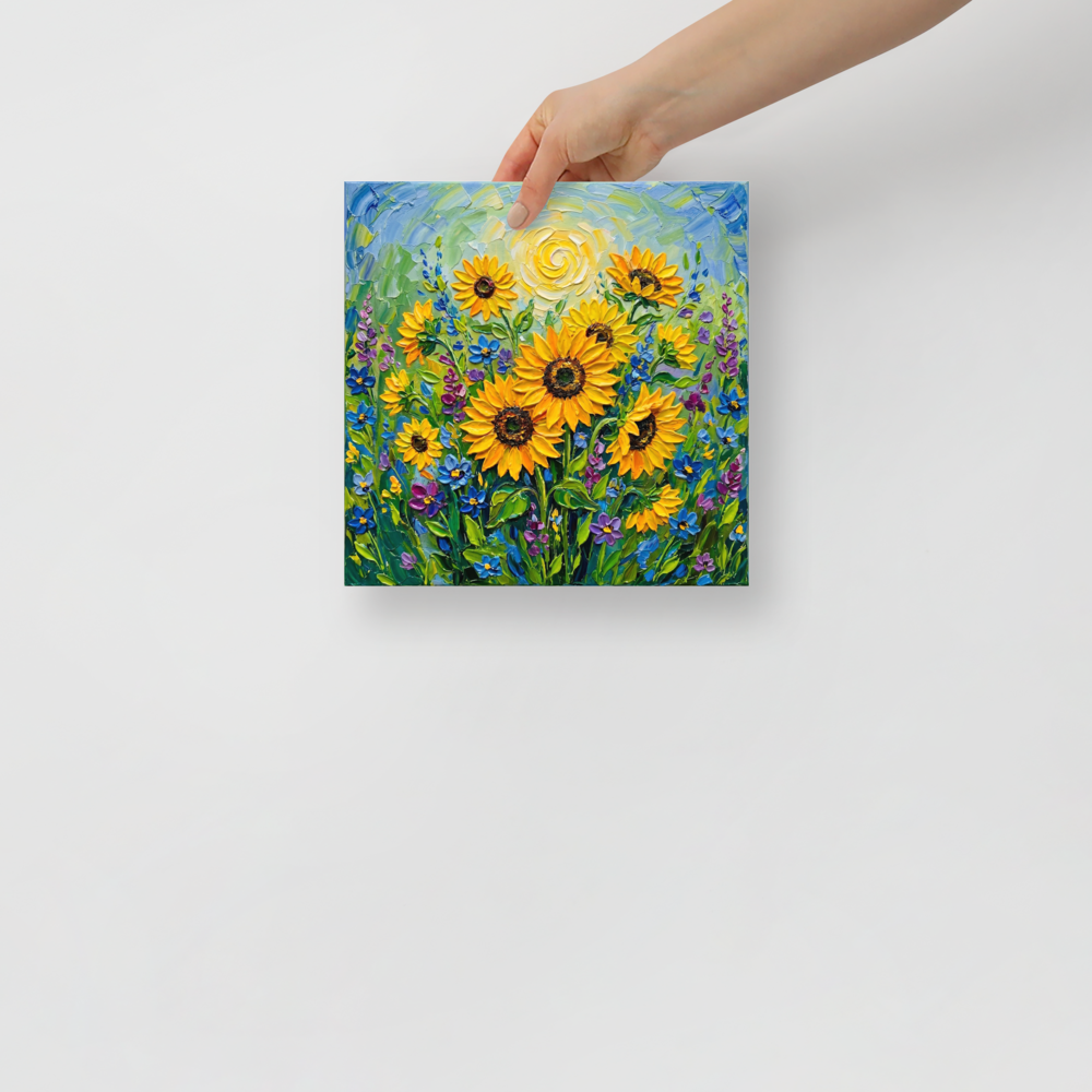 'Sunlit Blooms' — a Impressionism print. Vibrant impasto painting of sunflowers bathed in golden sunlight, perfect for a living room.