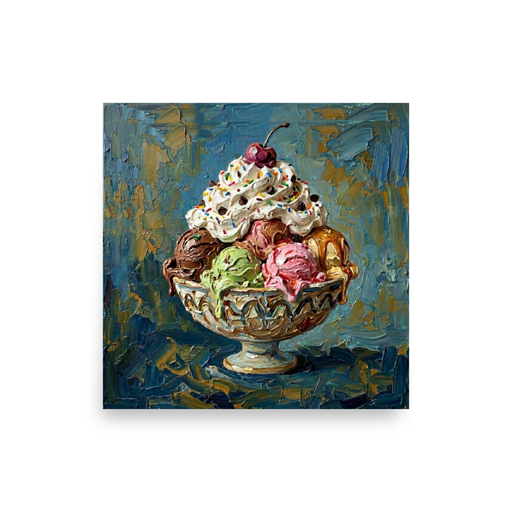 'The Ultimate Sundae' — a Pop art print. A decadent ice cream sundae topped with whipped cream, sprinkles, and a cherry, perfect for sweetening a dining room space.