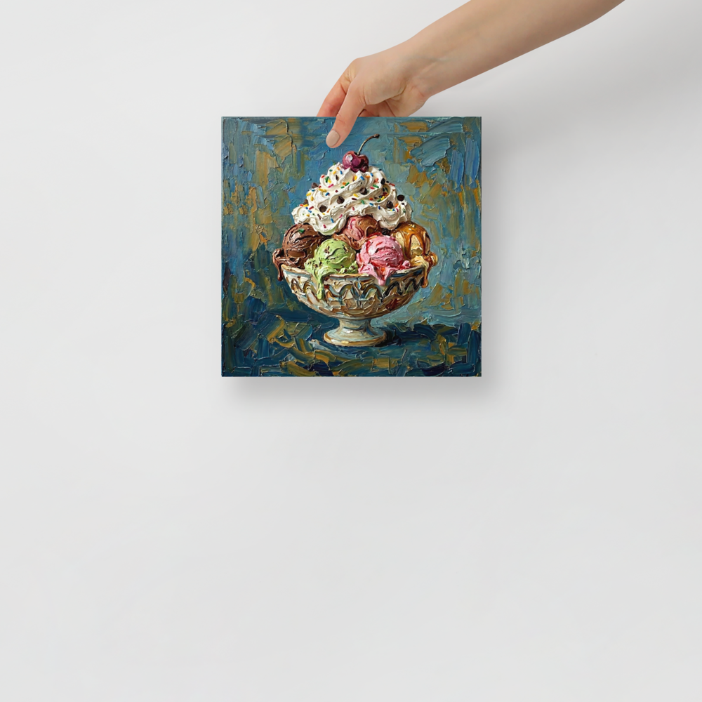 'The Ultimate Sundae' — a Pop art print. A decadent ice cream sundae topped with whipped cream, sprinkles, and a cherry, perfect for sweetening a dining room space.