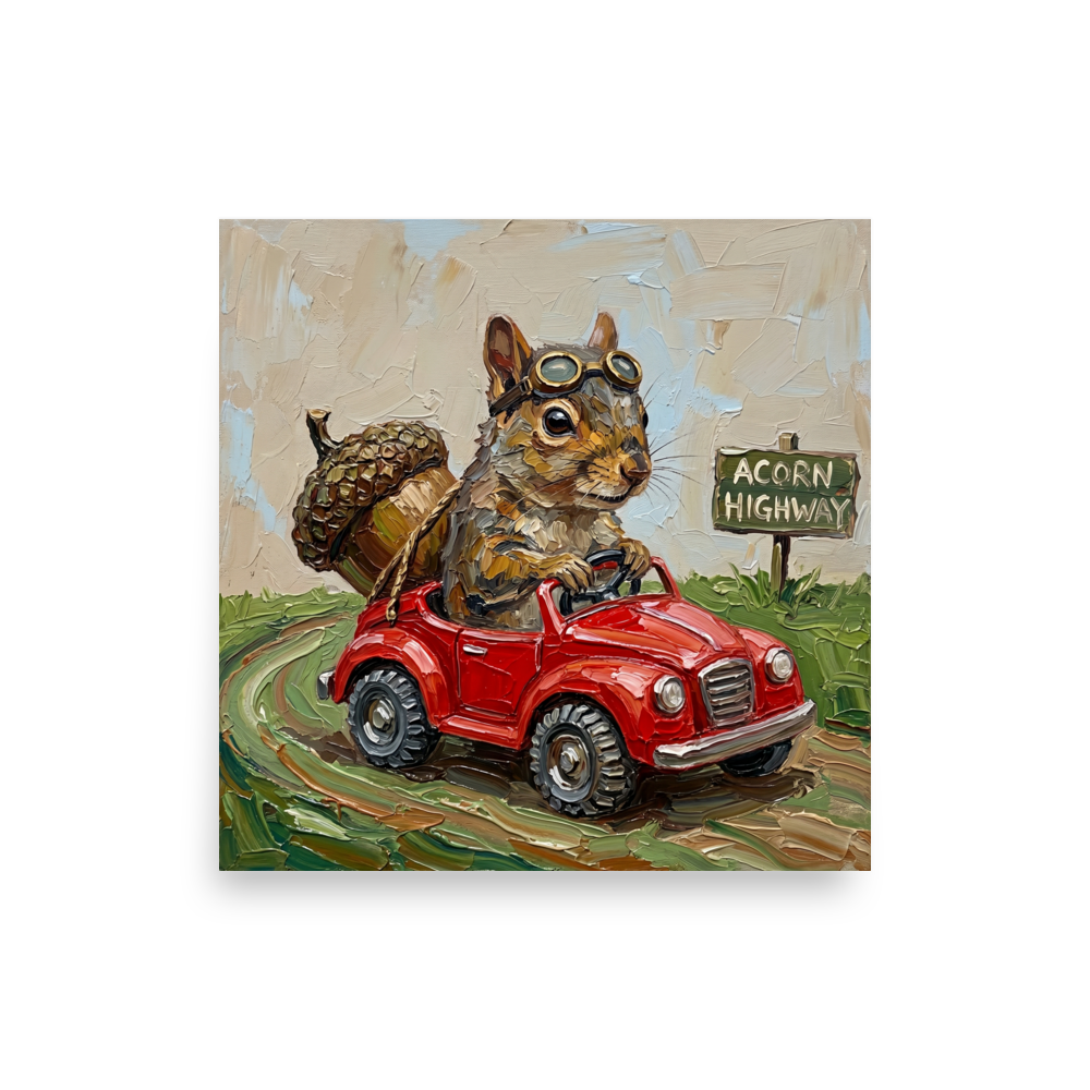 'Acorn Highway' — a Impressionism print. An impasto painting of a squirrel wearing goggles and driving a red toy car with a giant acorn, great for a playroom or nursery.