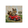 'Acorn Highway' — a Impressionism print. An impasto painting of a squirrel wearing goggles and driving a red toy car with a giant acorn, great for a playroom or nursery.