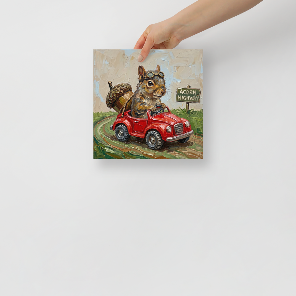 'Acorn Highway' — a Impressionism print. An impasto painting of a squirrel wearing goggles and driving a red toy car with a giant acorn, great for a playroom or nursery.