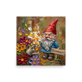 'Gesundheit Gnome' — a Post-Impressionism print. A humorous textured painting of a garden gnome sneezing colorful flower petals, perfect for adding charm to an entryway.