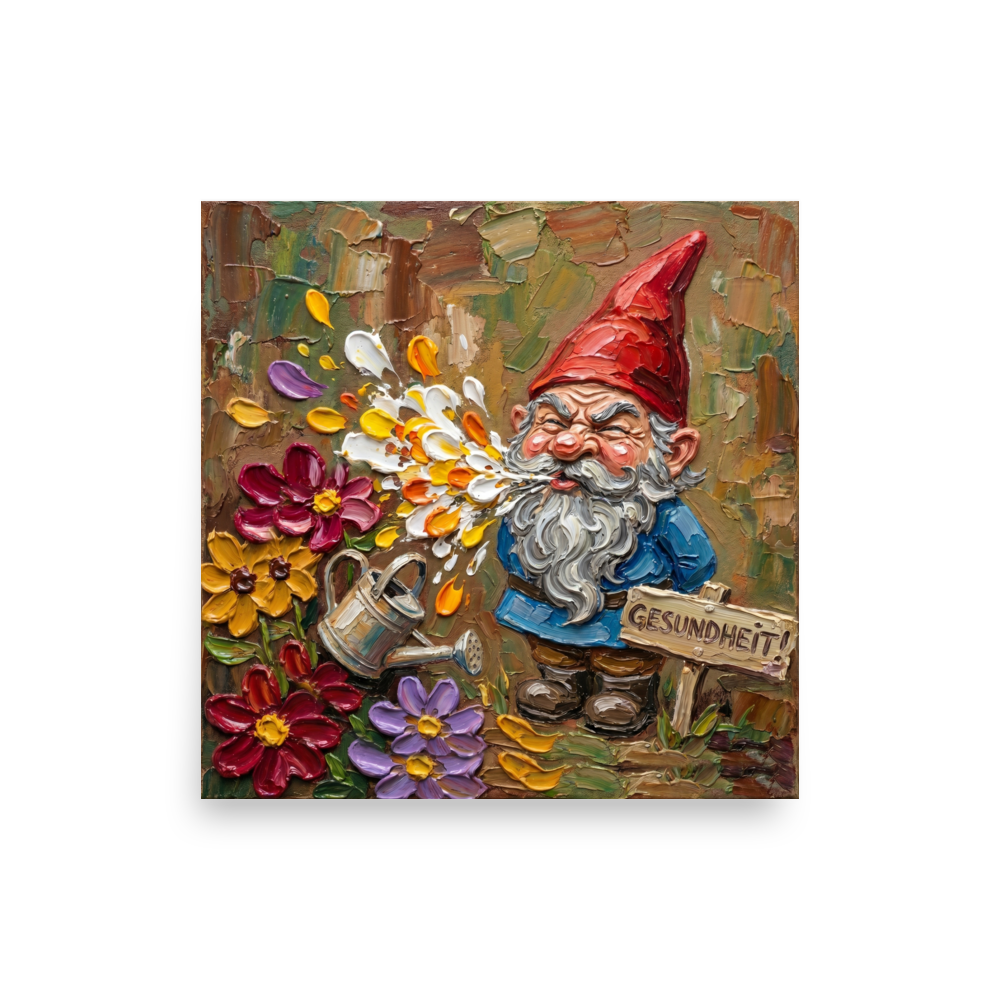 'Gesundheit Gnome' — a Post-Impressionism print. A humorous textured painting of a garden gnome sneezing colorful flower petals, perfect for adding charm to an entryway.
