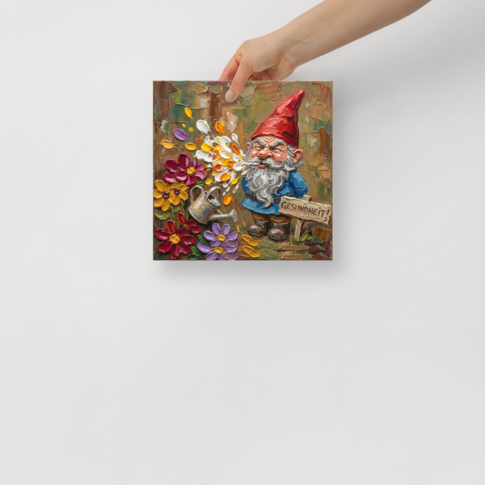 'Gesundheit Gnome' — a Post-Impressionism print. A humorous textured painting of a garden gnome sneezing colorful flower petals, perfect for adding charm to an entryway.