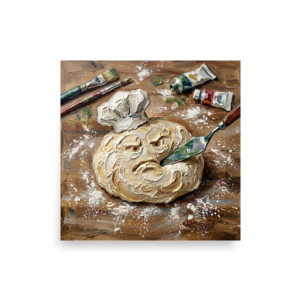 'The Disgruntled Dough' — a Expressionism print. A textured oil painting of a grumpy piece of dough wearing a chef hat being cut by a palette knife, ideal for a kitchen or dining room.