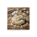 'The Disgruntled Dough' — a Expressionism print. A textured oil painting of a grumpy piece of dough wearing a chef hat being cut by a palette knife, ideal for a kitchen or dining room.
