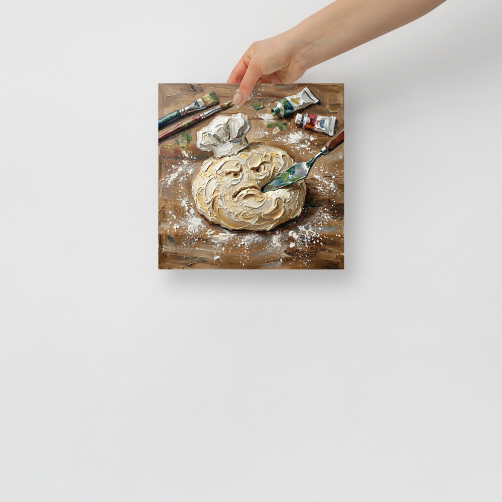 'The Disgruntled Dough' — a Expressionism print. A textured oil painting of a grumpy piece of dough wearing a chef hat being cut by a palette knife, ideal for a kitchen or dining room.