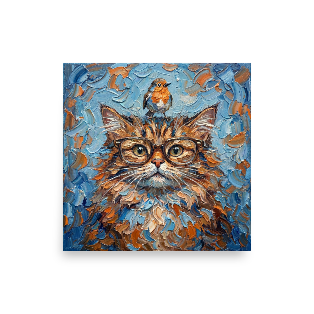 'The Scholar and the Songbird' — a Post-Impressionism print. A highly textured painting of a fluffy cat wearing glasses with a bird on its head, bringing a touch of whimsy to an office.