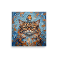 'The Scholar and the Songbird' — a Post-Impressionism print. A highly textured painting of a fluffy cat wearing glasses with a bird on its head, bringing a touch of whimsy to an office.