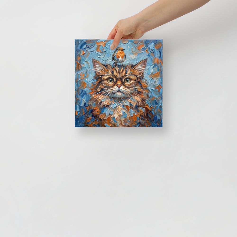 'The Scholar and the Songbird' — a Post-Impressionism print. A highly textured painting of a fluffy cat wearing glasses with a bird on its head, bringing a touch of whimsy to an office.