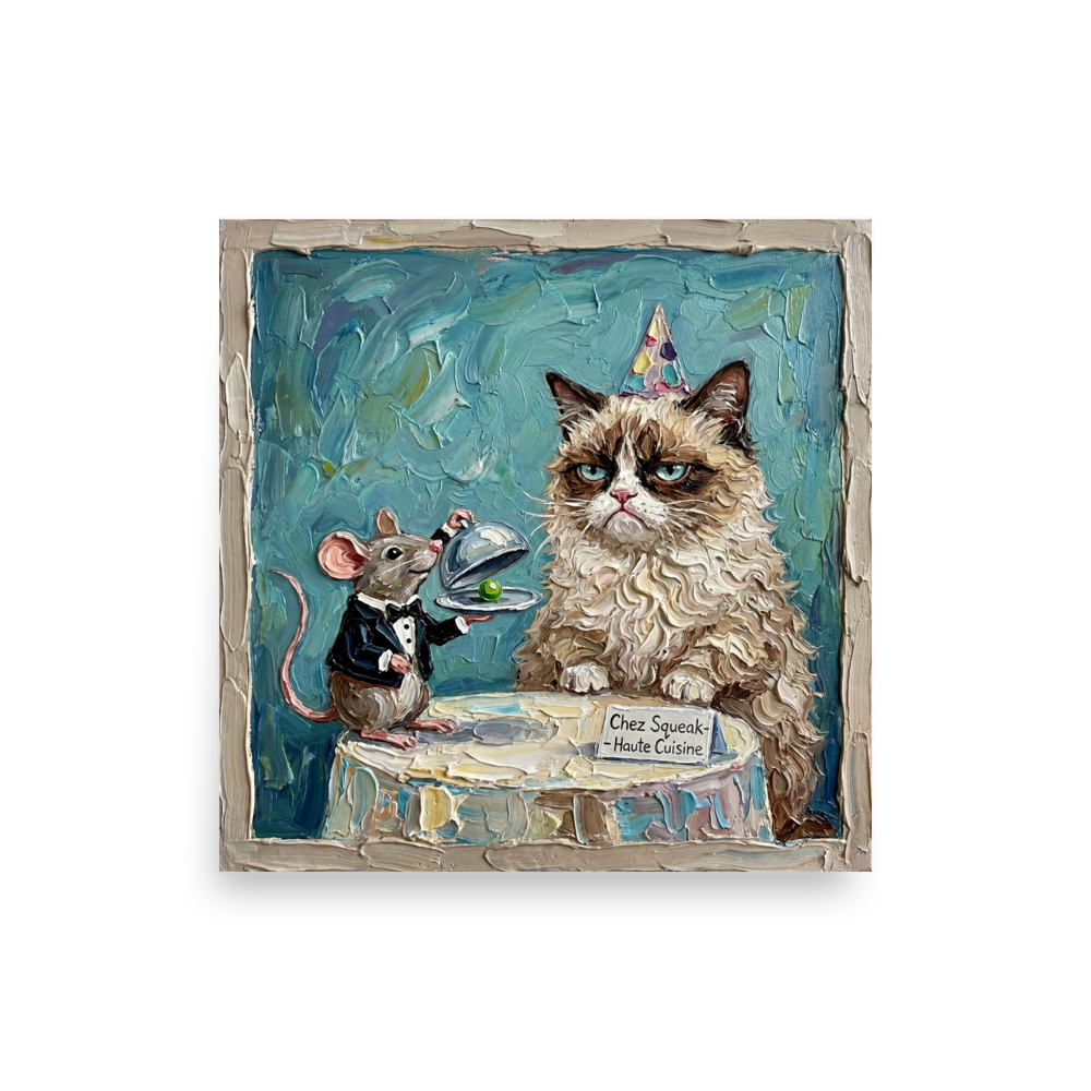 'Haute Cuisine at Chez Squeak' — a Pop art print. An oil painting of a grumpy cat in a party hat being served a single pea by a mouse waiter in a tuxedo, perfect for a dining room or living room.