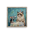 'Haute Cuisine at Chez Squeak' — a Pop art print. An oil painting of a grumpy cat in a party hat being served a single pea by a mouse waiter in a tuxedo, perfect for a dining room or living room.