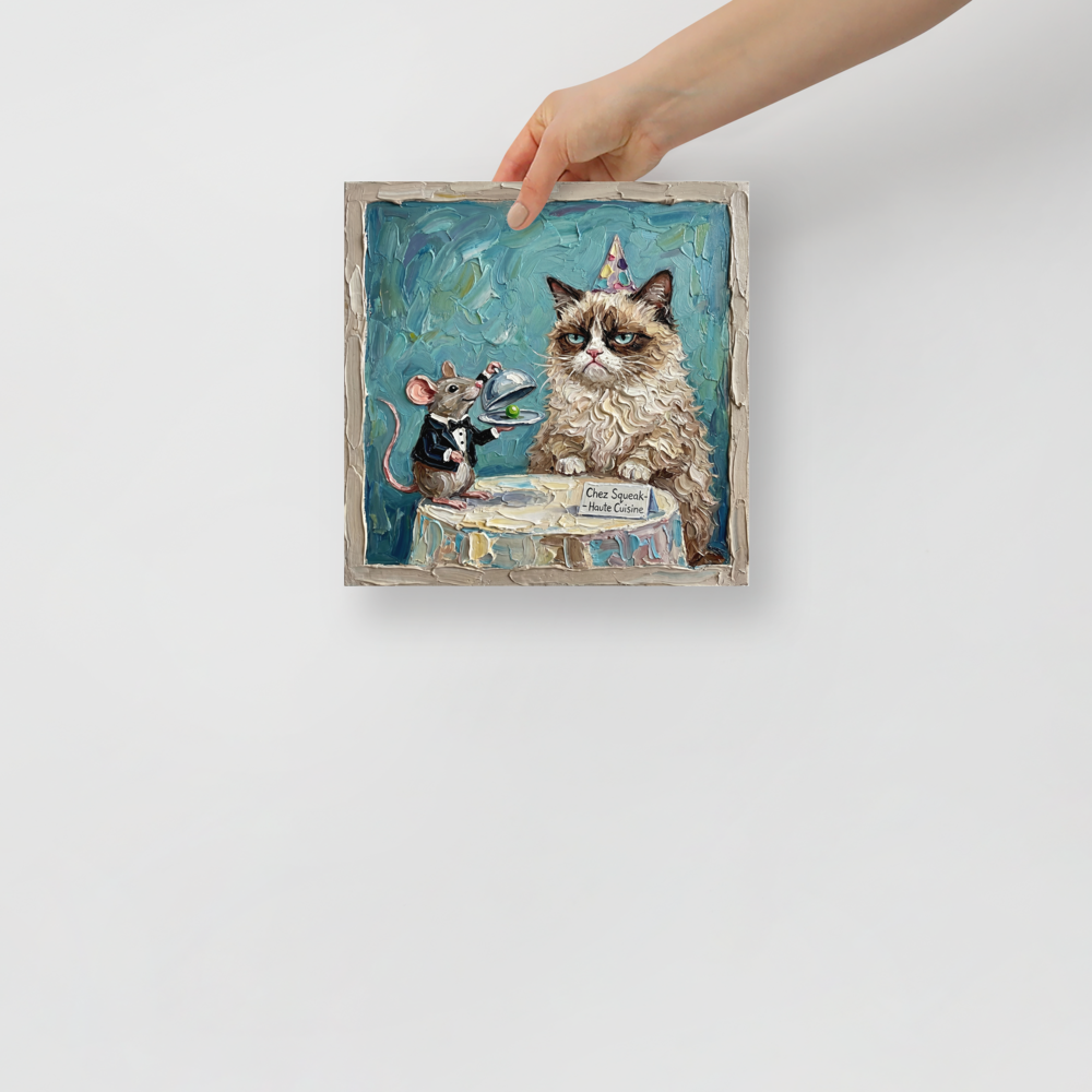 'Haute Cuisine at Chez Squeak' — a Pop art print. An oil painting of a grumpy cat in a party hat being served a single pea by a mouse waiter in a tuxedo, perfect for a dining room or living room.