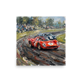 'Classic Velocity' — a Expressionism print. A dynamic impasto painting of classic race cars speeding down a track, an exciting addition to a game room.