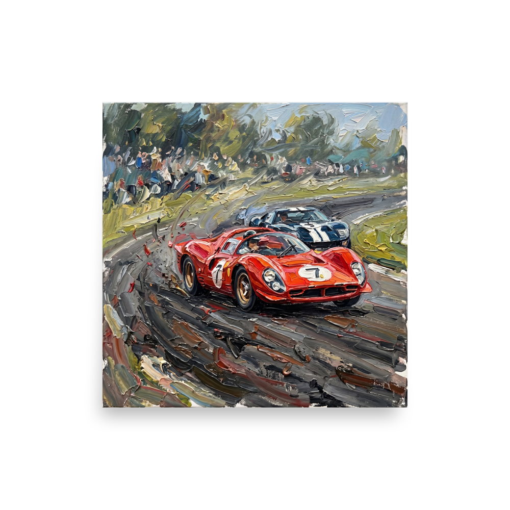 'Classic Velocity' — a Expressionism print. A dynamic impasto painting of classic race cars speeding down a track, an exciting addition to a game room.