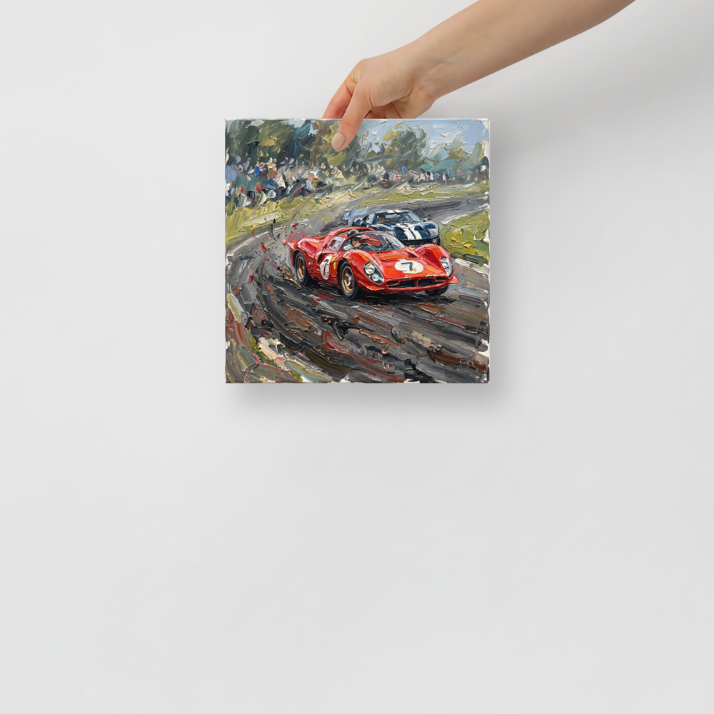 'Classic Velocity' — a Expressionism print. A dynamic impasto painting of classic race cars speeding down a track, an exciting addition to a game room.