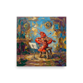 'The Maestro of the Deep' — a Expressionism print. An impasto oil painting of a red lobster playing the violin in a colorful room, perfect for a quirky Living Room.