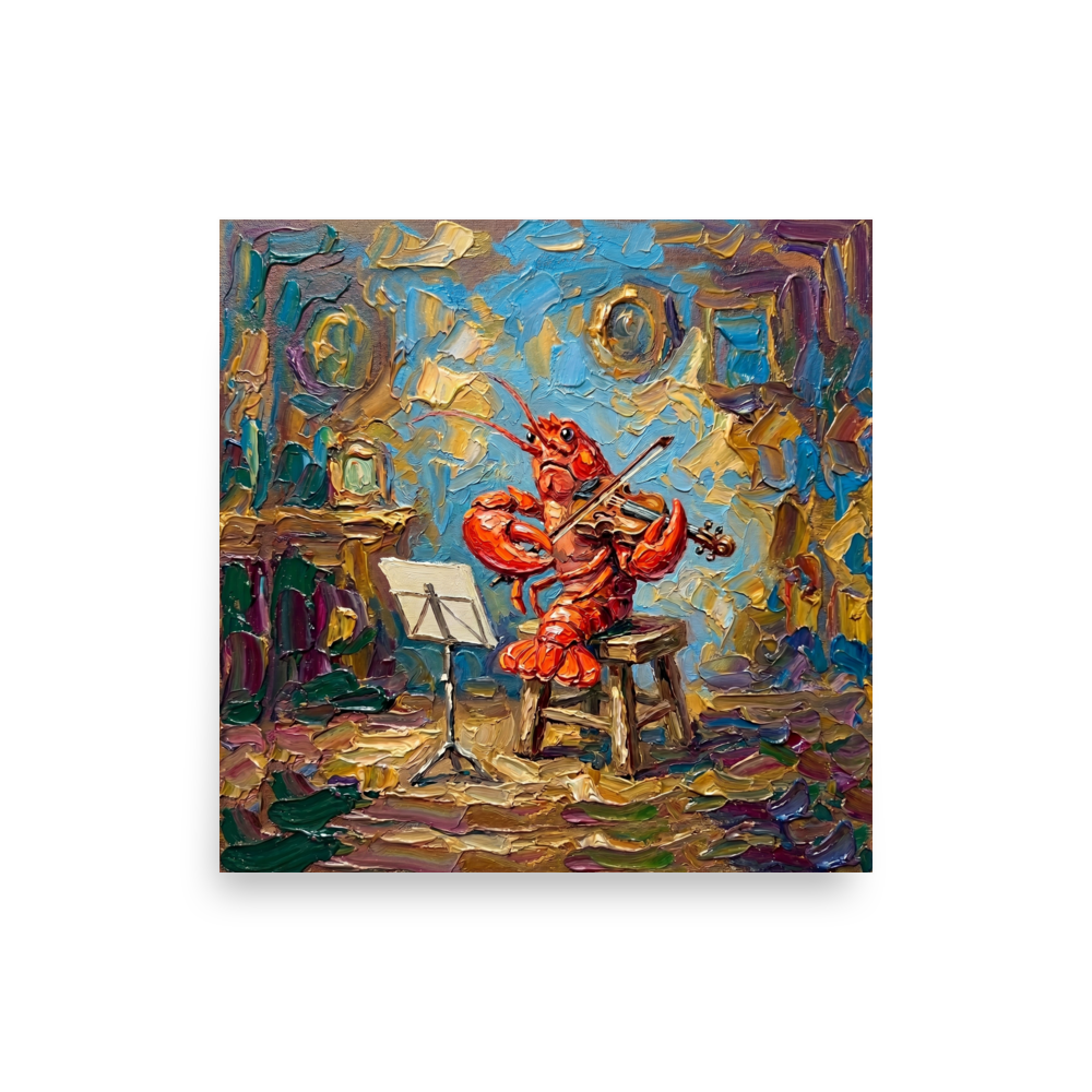 'The Maestro of the Deep' — a Expressionism print. An impasto oil painting of a red lobster playing the violin in a colorful room, perfect for a quirky Living Room.