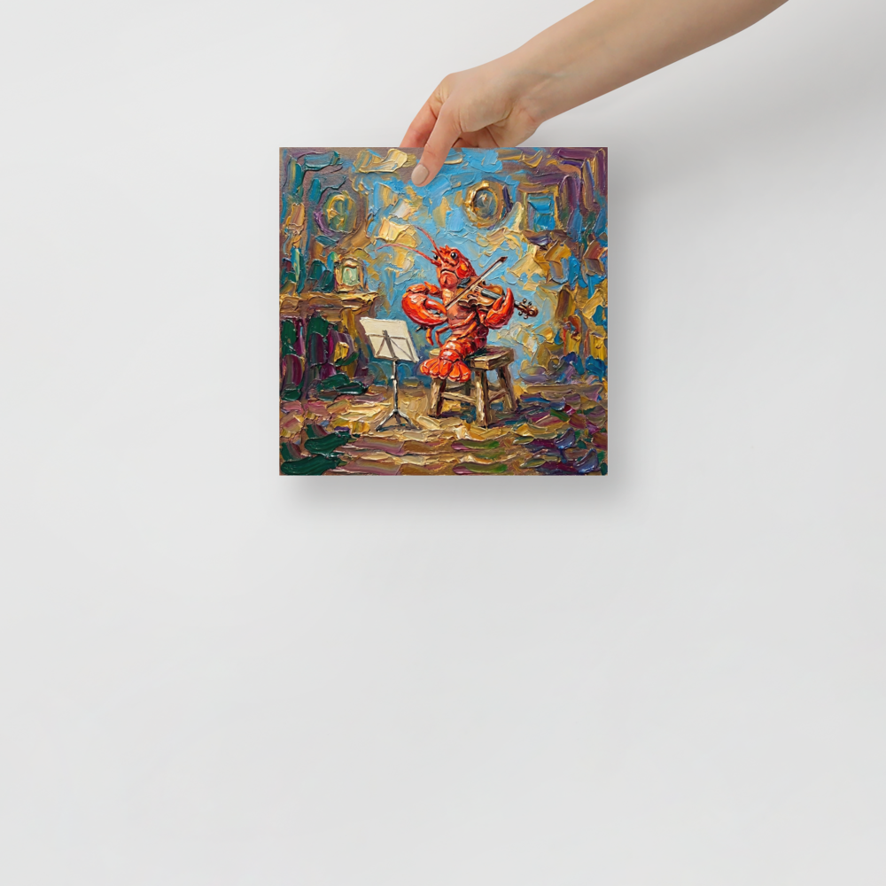 'The Maestro of the Deep' — a Expressionism print. An impasto oil painting of a red lobster playing the violin in a colorful room, perfect for a quirky Living Room.