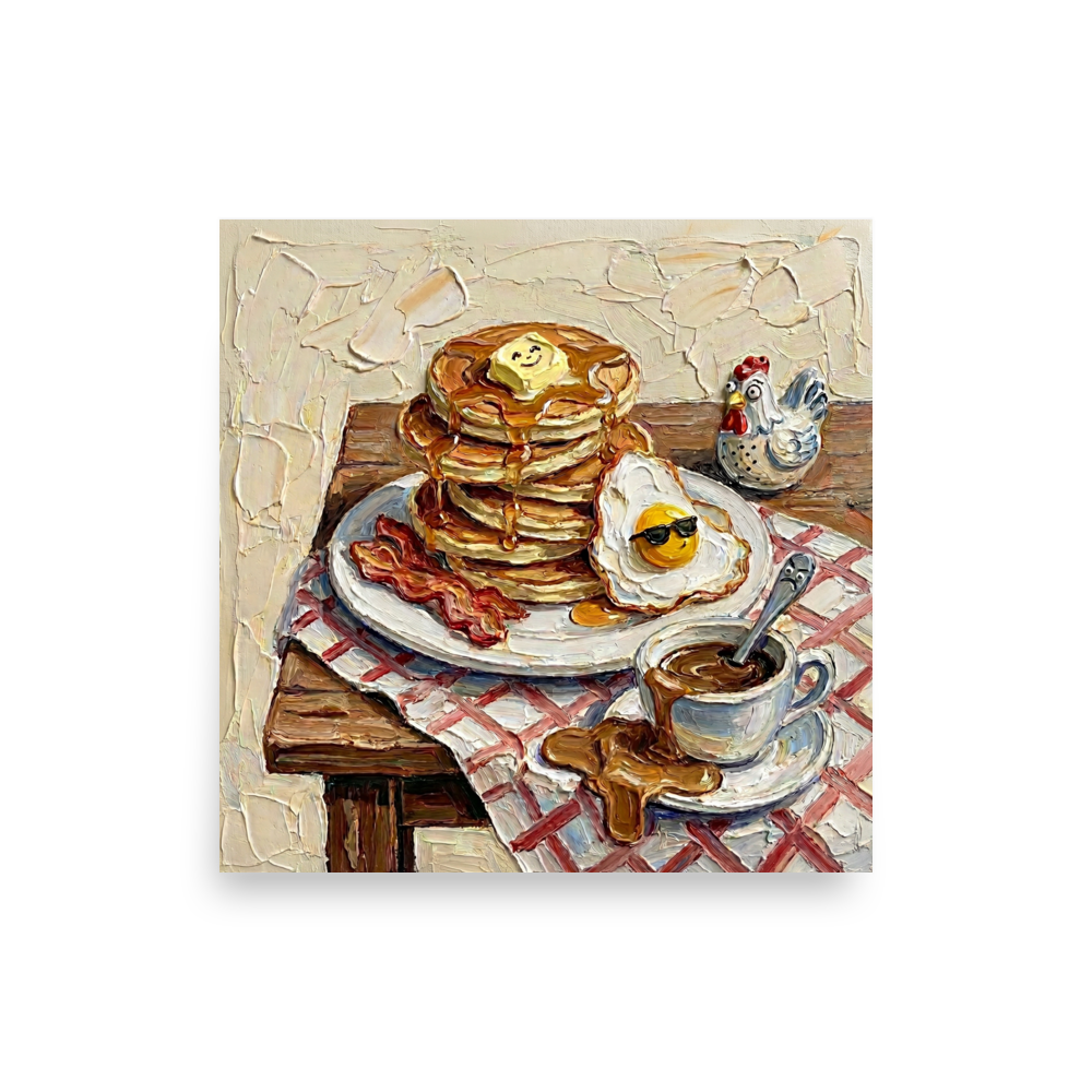 'A Hearty Morning' — a Expressionism print. An impasto painting of a breakfast table with pancakes, bacon, and coffee, ideal for a cheerful Kitchen.