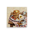 'A Hearty Morning' — a Expressionism print. An impasto painting of a breakfast table with pancakes, bacon, and coffee, ideal for a cheerful Kitchen.