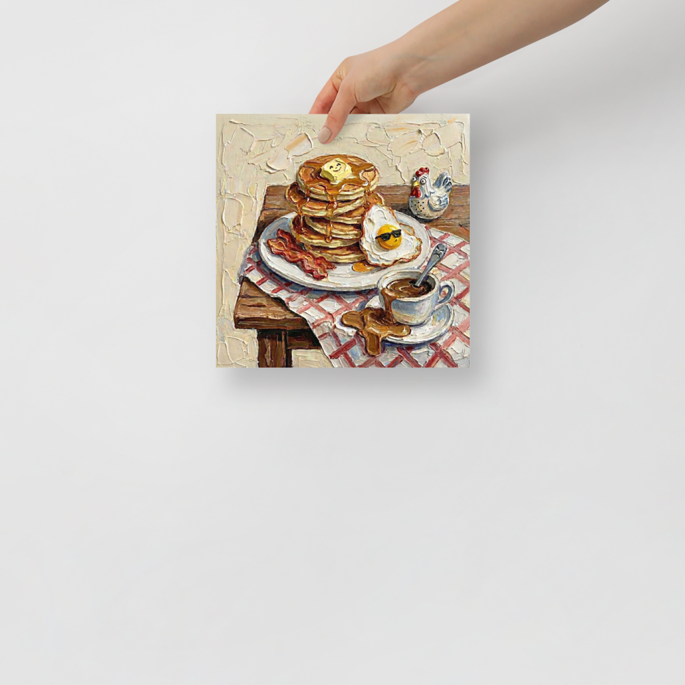'A Hearty Morning' — a Expressionism print. An impasto painting of a breakfast table with pancakes, bacon, and coffee, ideal for a cheerful Kitchen.