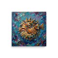 'The Prickly Puffer' — a Expressionism print. An impasto portrait of a spiky pufferfish swimming in vibrant blue waters, suited for an eclectic Bathroom.