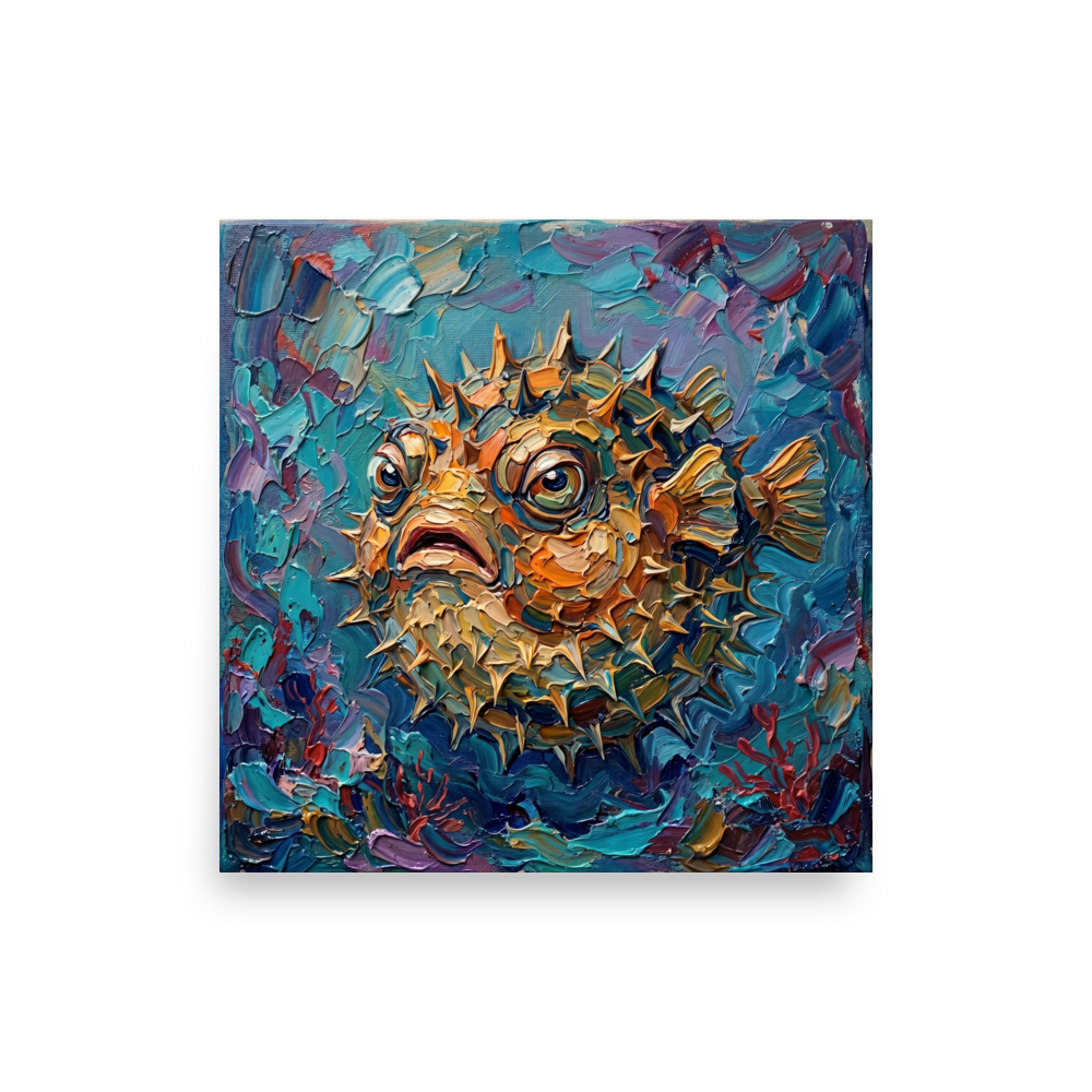 'The Prickly Puffer' — a Expressionism print. An impasto portrait of a spiky pufferfish swimming in vibrant blue waters, suited for an eclectic Bathroom.