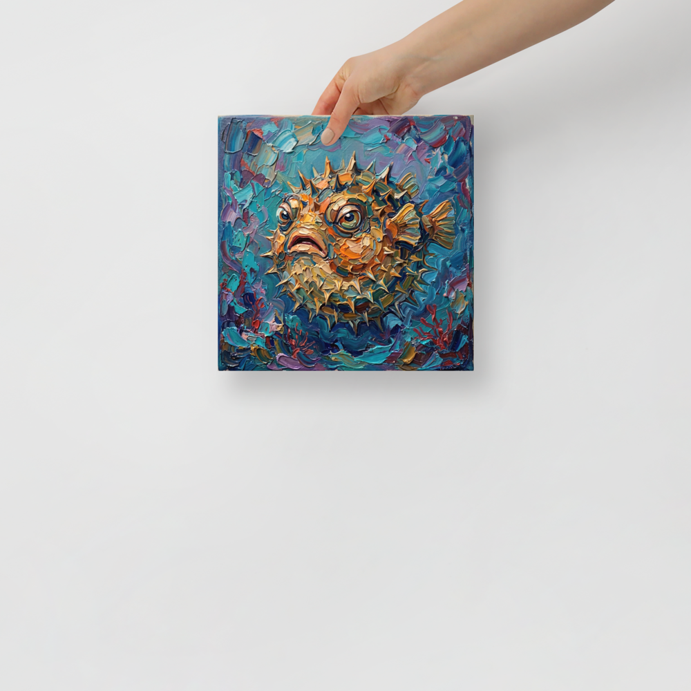 'The Prickly Puffer' — a Expressionism print. An impasto portrait of a spiky pufferfish swimming in vibrant blue waters, suited for an eclectic Bathroom.