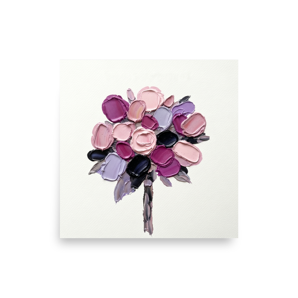 'Bloom in Relief' — a Expressionism print. A textured oil painting of pink and purple flowers on a white background, perfect for a chic Office or Bedroom.