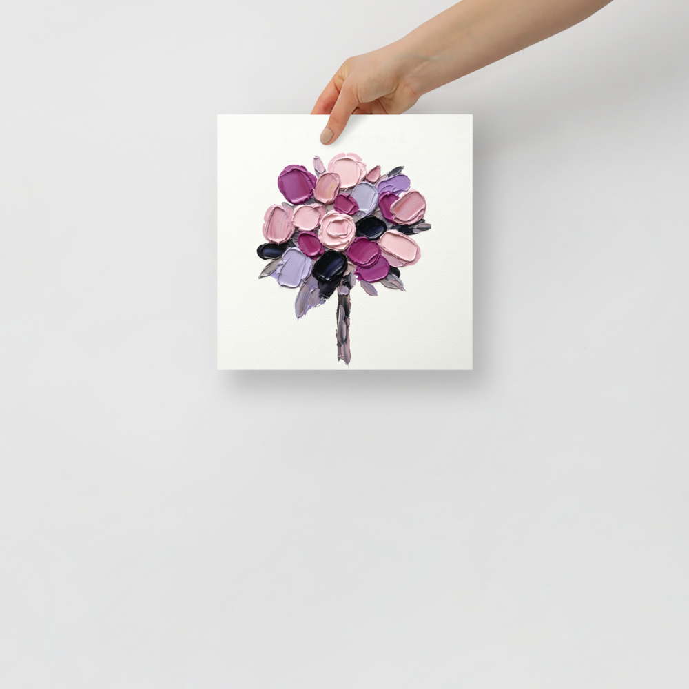 'Bloom in Relief' — a Expressionism print. A textured oil painting of pink and purple flowers on a white background, perfect for a chic Office or Bedroom.