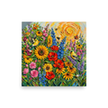 'Sunburst Symphony' — a Expressionism print. A colorful impasto painting of a blooming meadow with sunflowers, birds, and a swirling sun, perfect for a bright Living Room.