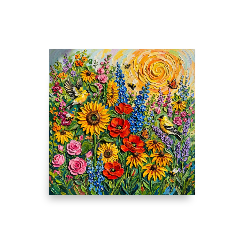 'Sunburst Symphony' — a Expressionism print. A colorful impasto painting of a blooming meadow with sunflowers, birds, and a swirling sun, perfect for a bright Living Room.