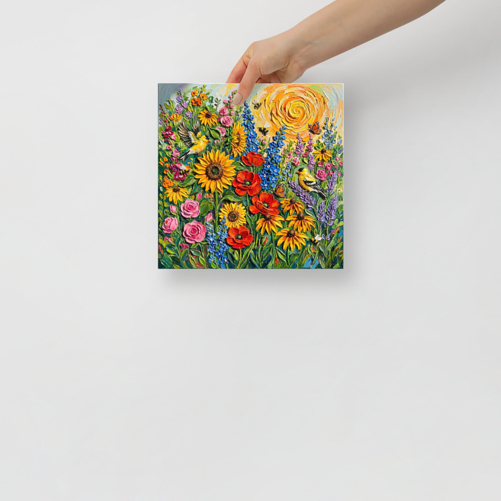 'Sunburst Symphony' — a Expressionism print. A colorful impasto painting of a blooming meadow with sunflowers, birds, and a swirling sun, perfect for a bright Living Room.