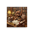 'The Scholar's Treat' — a Expressionism print. An impasto painting of a dressed owl sitting at a table with a massive colorful dessert and a little mouse, perfect for a cozy Library.