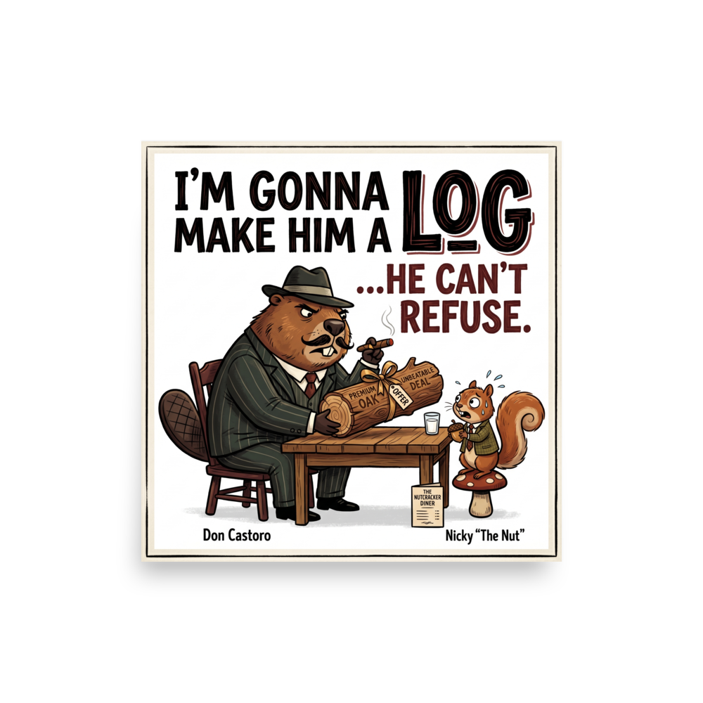 'Make Him a Log' — a Pop art print. A humorous parody illustration of a mafia beaver offering a nervous squirrel a log he can't refuse.