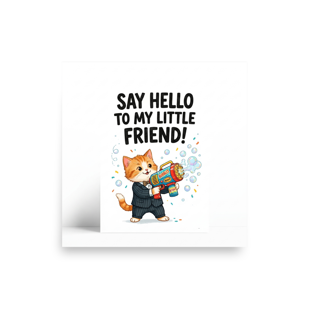 'My Little Friend' — a Pop art,Digital art print. A humorous parody illustration of a cute cat in a suit holding a bubble gun with the text 'Say hello to my little friend!'.
